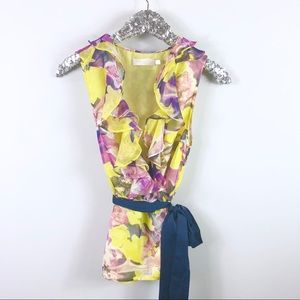 MM Couture Yellow Ruffle Wrap Top Floral SZ Med